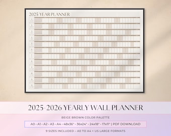 Jaarplanner voor 2025-2026 | Beige bruin minimalistisch design | Grote wandkalender | A0 A1 A2 A3 A4 48 x 36 36 x 24 24 x 18 17 x 11 | Pdf-download