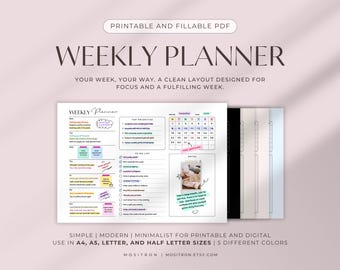 Weekly Planner Printable PDF, Minimalist Digital, Fillable Horizontal Weekly Schedule, A4 A5 Letter Half Sizes | White Black Beige Pink Blue