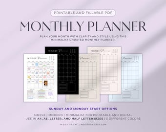 Digitale maandplanner, ongedateerde maandkalender pdf, iPad minimalistische maandplanner, GoodNotes, afdrukbaar, invulbaar, A4 A5-briefplanner