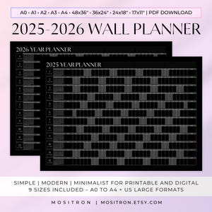 2025-2026 Yearly Wall Planner | Black Minimalist Design | Large Wall Calendar | A0 A1 A2 A3 A4 48x36 36x24 24x18 17x11 | PDF Download