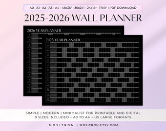 Jaarplanner voor 2025-2026 | Zwart minimalistisch ontwerp | Grote wandkalender | A0 A1 A2 A3 A4 48 x 36 36 x 24 24 x 18 17 x 11 | Pdf-download