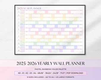 Jaarplanner voor 2025-2026 | Pastel regenboogkleurenpalet | Grote wandkalender | A0 A1 A2 A3 A4 | 48 x 36 36 x 24 24 x 18 17 x 11 | Pdf-download