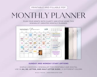 Horizontale, ongedateerde maandplanner, pdf | Minimalistische digitale kalender voor iPad, GoodNotes, afdrukbaar en invulbaar | A4 A5-formaten