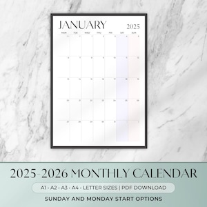 2025-2026 Monthly Wall Calendar | Vertical & Horizontal | Printable Calendar | A1 A2 A3 A4 Letter | Large Wall Calendar | Minimalist Pastel