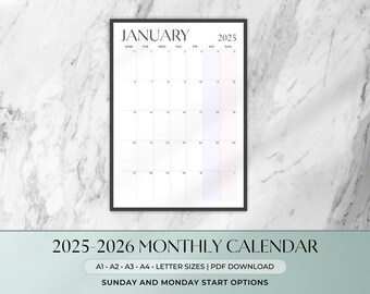 Maandkalender 2025-2026 | Verticaal en horizontaal | Afdrukbare kalender | A1 A2 A3 A4 Letter | Grote wandkalender | Minimalistische pastel