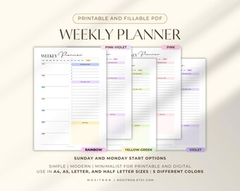 Ongedateerde digitale weekplanner (pdf), afdrukbare planner, iPad-kalender, 5 pastelkleurenpaletten, minimalistisch ontwerp, A4 A5-lettergrootte