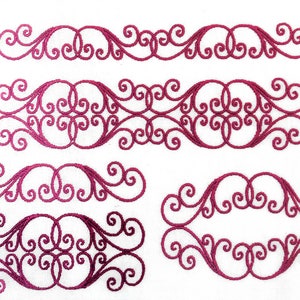 May include: Five different embroidery designs featuring intricate swirls and loops in a deep pink colour. The designs are arranged in a vertical row, with the largest design at the top and the smallest design at the bottom.