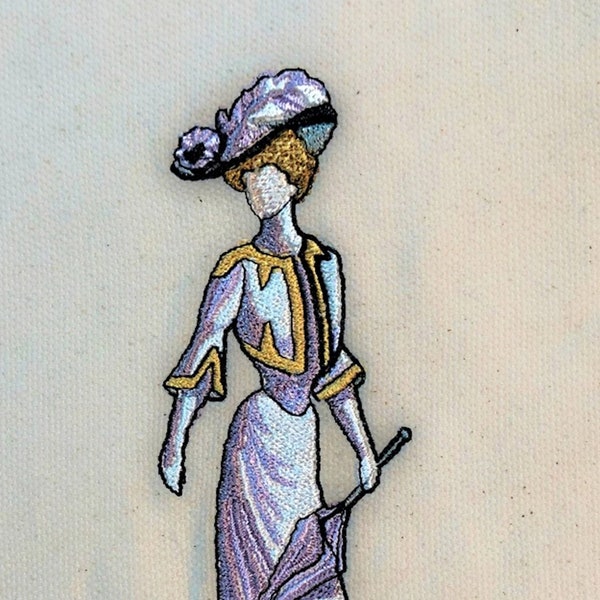 Fancy Fashion Lady in White Dress with Feather Hat Machine Embroidery Design