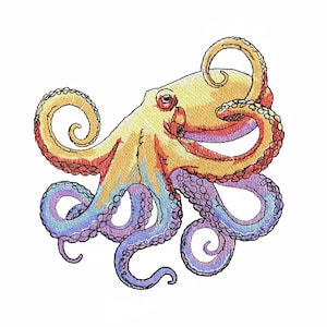 May include: Embroidered octopus in shades of yellow, orange, red, purple, and blue. The sea creature has a detailed design with curled tentacles and a textured appearance, set against a white background.