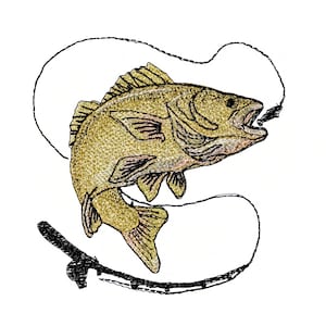 May include: An illustration of a fish with a fishing line and hook. The fish is a light yellow-brown color with darker markings and is angled upwards. The fishing line and hook are black, and the background is white.