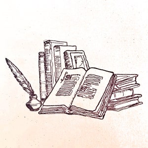 May include: A black and white line drawing of an open book with a quill pen and inkwell. The book is surrounded by a stack of closed books.