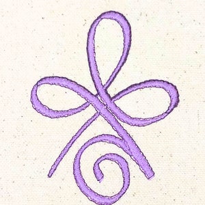 May include: A purple embroidered design of a stylized knot or symbol on a white fabric background.