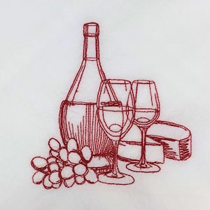 Puede incluir: Un dibujo de línea roja de una botella de vino, dos copas de vino, una cuña de queso y un racimo de uvas.
