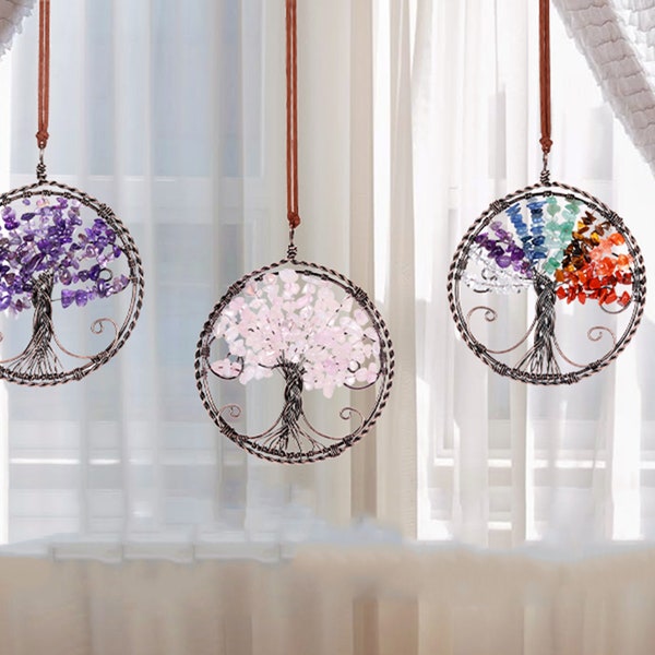 Tree Of Life Rear View Mirror Charm/ Wall Art/ Tree Of Life Wall Decor/ 7 Chakra Tree Hanging Decor/ Clear Quartz Wire Wrapped Tree