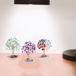 Mini Crystal Tree Of Life Desk Decor, Wire Wrapped Tree, 7 Chakra Tree, Rose Quartz Tree, Amethyst Tree on Agate Slice, Aquamarine Tree