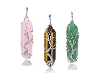 Collier arbre de vie, breloque chakra, pendentif pointe de quartz clair enveloppé de fil, pendentif chakra, pendentif pierre précieuse énergie de guérison