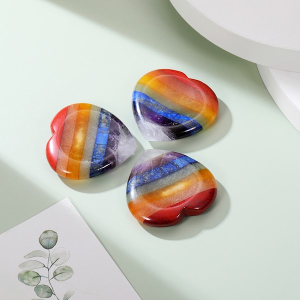 Chakra Bonded Worry Stone, Gemstone Heart Pocket Stone, Rainbow Chakra Worry Stone, 7 Chakra Thumb Stones, Fidget Stones, Healing Crystal