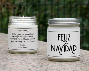 Feliz Navidad:Personalized Christmas Candle Gift for family and friends -Familia y Amigos- regalo de vela. Spanish/Espanol