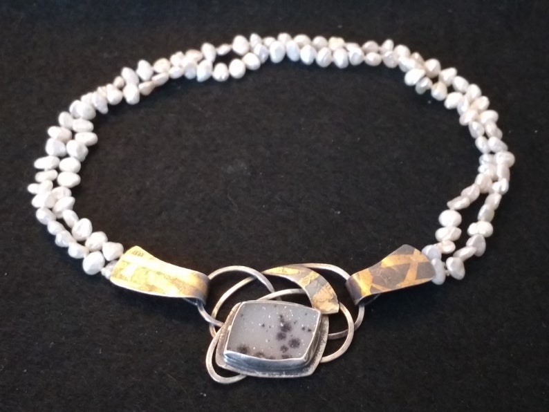 Drusy and Freshwater Pearls with a Gilded clasp Vintage Kuem boo Necklace with Earrings