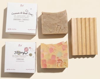 Set de regalo de jabones para el autocuidado / Jabones corporales Flowerful, Coconuts y Quiet Time, en recipiente de madera.