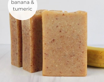 Jabón corporal nutritivo e hidratante de plátano y cúrcuma / Manteca de karité, aroma a sándalo