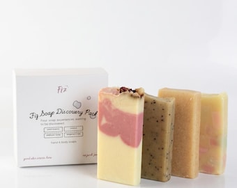Set de descubrimiento de jabones artesanales (paquete de 4) / Aromas a coco, melocotón, flores y rosa
