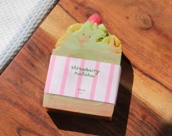 Strawberry Matcha Swirl Soap Bar, Kawaii Bathroom Decor, Juicy Strawberry Tea Scent