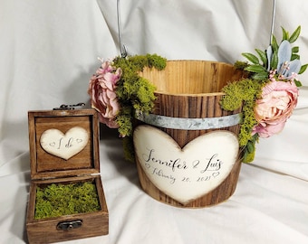 Ivory Flower Girl Basket/Rustic/Ring Box/Flower Girl and Ring Bearer Set/woodland