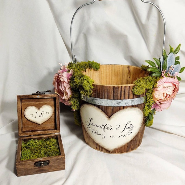 Ivory Flower Girl Basket/Rustic/Ring Box/Flower Girl and Ring Bearer Set/woodland