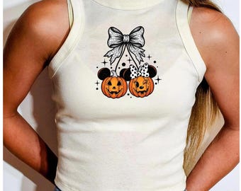 Top corto de Halloween de Mickey y Minnie, top corto coqueto de Halloween, calabazas, Boo, pesadilla en el principal, retro, fiesta de Mickey no tan aterradora