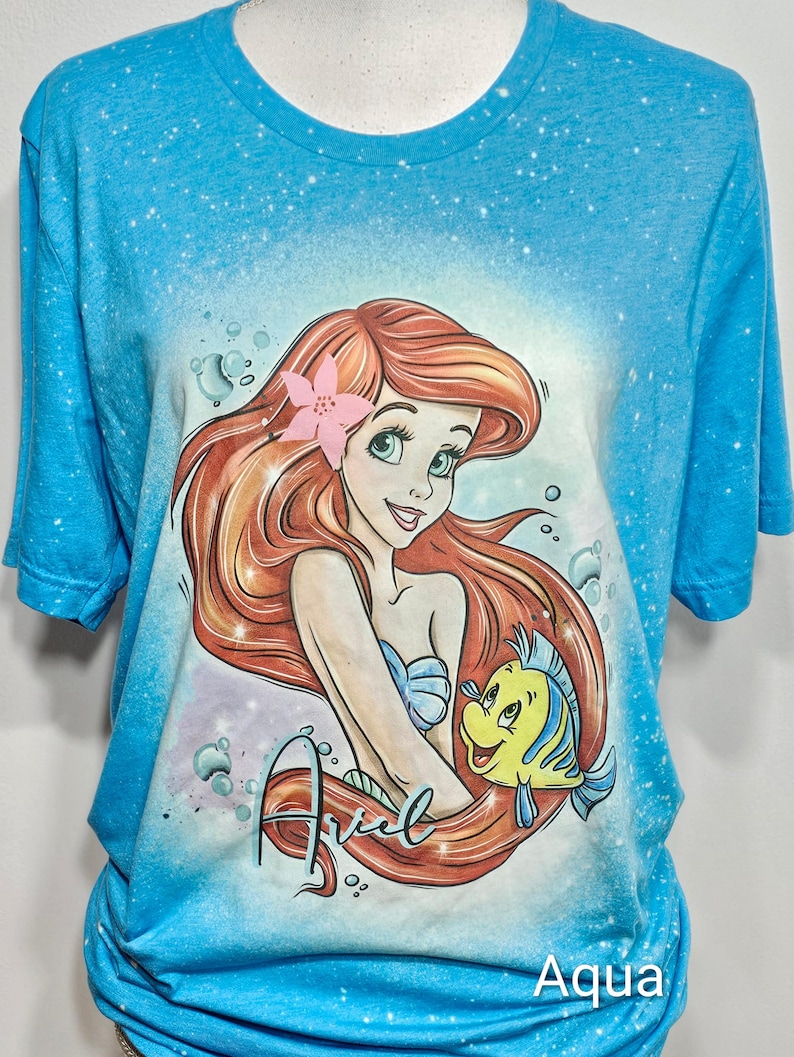 Camiseta de Ariel, camiseta de La Sirenita, camiseta de Princesa, niños, La Sirenita, niñas, mujeres, camiseta personalizada con lejía imagen 10