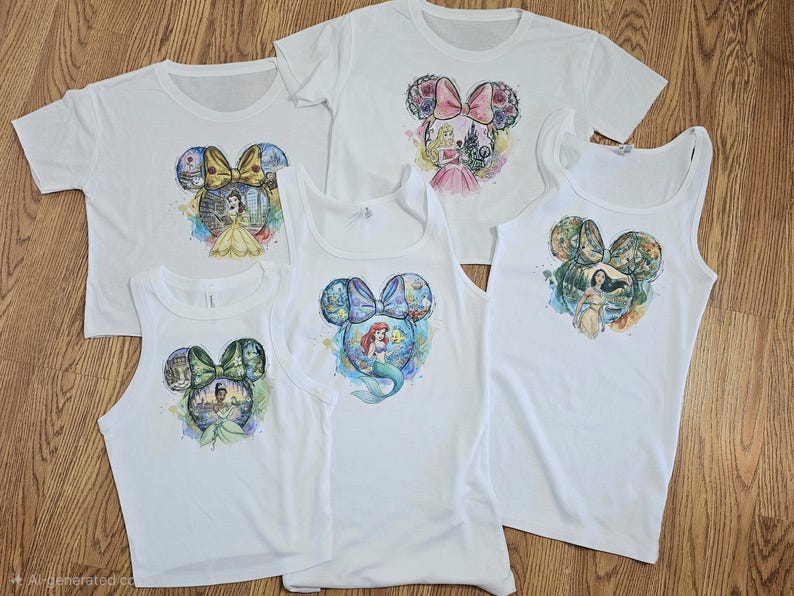 Peut inclure: Cinq t-shirts et d&eacute;bardeurs blancs avec des motifs color&eacute;s de princesses Disney. Chaque v&ecirc;tement pr&eacute;sente une forme de t&ecirc;te de Mickey Mouse avec une image de princesse &agrave; l'int&eacute;rieur. Les princesses incluent Belle, Ariel, Tiana, Pocahontas et Aurora.