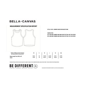 Puede incluir: Un dibujo en blanco y negro de un tanque de espalda nadadora con el texto "BELLA+CANVAS" y "MEASUREMENT SPECIFICATION REPORT" sobre el dibujo. El texto "STYLE # 1016 WOMEN'S MICRO RIB RACER TANK" est&aacute; debajo del dibujo. El texto "FABRICATION" va seguido del texto "52% AIRLUME COMBED AND RING-SPUN COTTON, 40% POLYESTER" y "50% AIRLUME COMBED AND RING-SPUN COTTON, 10% POLYESTER". Una tabla muestra las medidas en pulgadas para diferentes tama&ntilde;os del tanque.