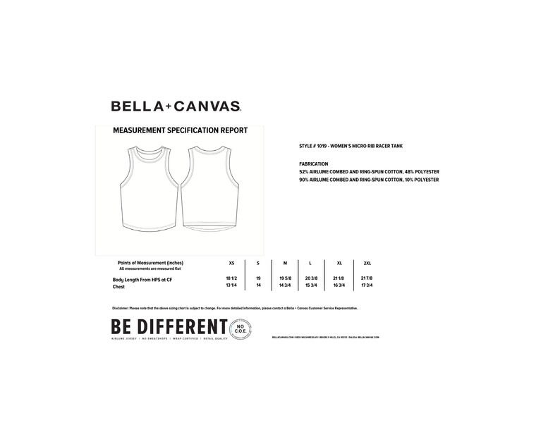 Puede incluir: Un dibujo en blanco y negro de un tanque de espalda nadadora con el texto "BELLA+CANVAS" y "MEASUREMENT SPECIFICATION REPORT" sobre el dibujo. El texto "STYLE # 1016 WOMEN'S MICRO RIB RACER TANK" est&aacute; debajo del dibujo. El texto "FABRICATION" va seguido del texto "52% AIRLUME COMBED AND RING-SPUN COTTON, 40% POLYESTER" y "50% AIRLUME COMBED AND RING-SPUN COTTON, 10% POLYESTER". Una tabla muestra las medidas en pulgadas para diferentes tama&ntilde;os del tanque.