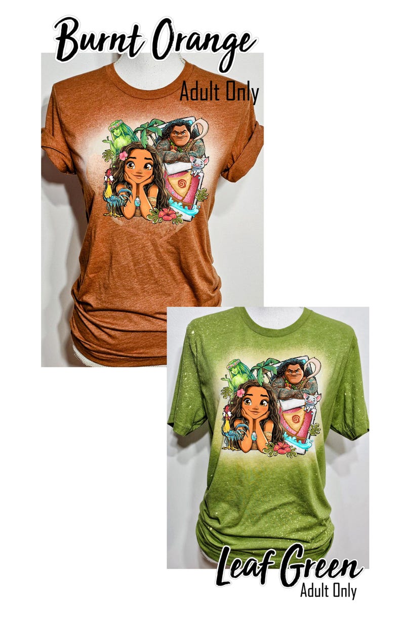 May include: Two t-shirts featuring a cartoon character from the film Moana. The shirt on the left is burnt orange and the shirt on the right is leaf green. Both shirts state "Adult Only".