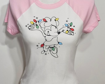 Christmas Lights Crop, Mickey, christmas shirt, baby tee, Minnie, bow coquette, crop top, y2k, baby tee