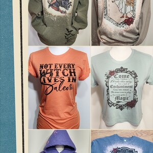 May include: A collection of six Halloween-themed shirts featuring various designs, including the Sanderson sisters from Hocus Pocus, a ghost, and a witch. The shirts are in various colors, including green, orange, blue, and purple. The shirts are all made of cotton and are perfect for the Halloween season.