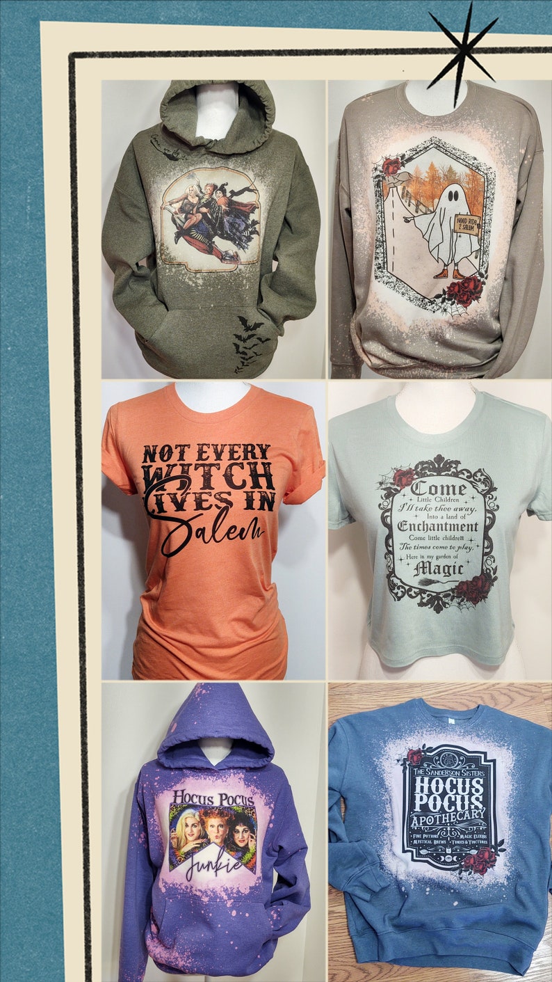 May include: A collection of six Halloween-themed shirts featuring various designs, including the Sanderson sisters from Hocus Pocus, a ghost, and a witch. The shirts are in various colors, including green, orange, blue, and purple. The shirts are all made of cotton and are perfect for the Halloween season.