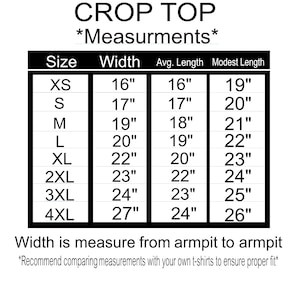May include: Crop top size chart with measurements in inches for width, average length, and modest length. Sizes range from XS to 4XL.