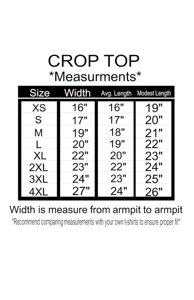 May include: Crop top size chart with measurements in inches for width, average length, and modest length. Sizes range from XS to 4XL.