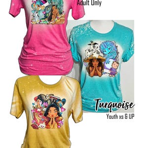 May include: Three bleached t-shirts with different coloured backgrounds and graphic designs. The shirts are pink, turquoise, and mustard yellow. The designs feature a cartoon character with a crown and a variety of other characters. The text on the shirts reads "Pink Adult Only", "Turquoise Youth xs & UP", and "Mustard Youth & UP".