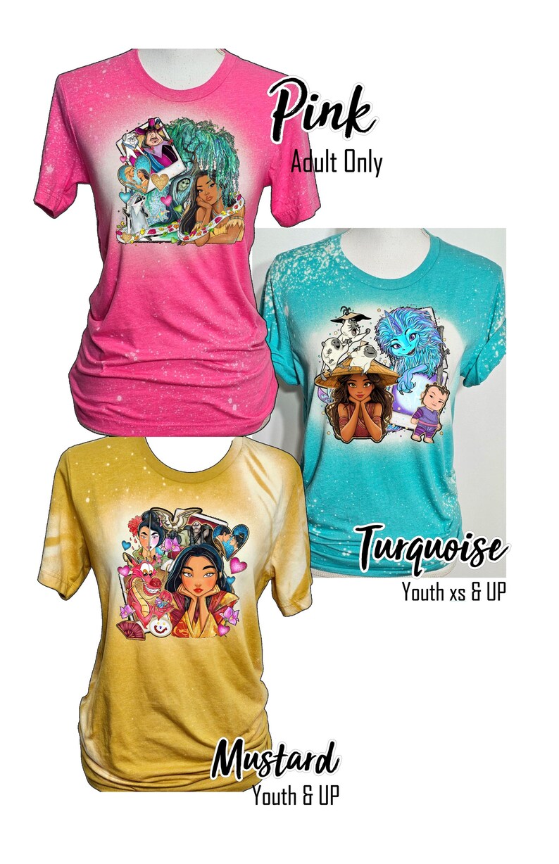 May include: Three bleached t-shirts with different coloured backgrounds and graphic designs. The shirts are pink, turquoise, and mustard yellow. The designs feature a cartoon character with a crown and a variety of other characters. The text on the shirts reads "Pink Adult Only", "Turquoise Youth xs & UP", and "Mustard Youth & UP".