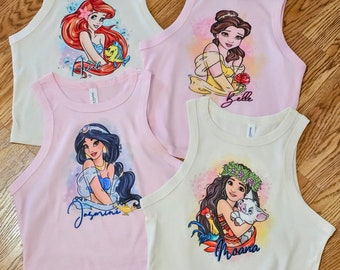 Princess shirt, Princess crop top, princess tshirt, custom princess tees, ariel, tiana, moana, elsa, anna, pocahontas, mulan, belle