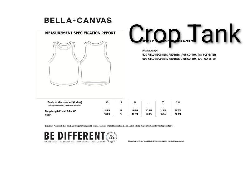 Peut inclure: D&eacute;bardeur court blanc avec un rapport de sp&eacute;cifications de mesure. Le d&eacute;bardeur est compos&eacute; d'un m&eacute;lange de coton et de polyester. Le texte "Crop Tank" est affich&eacute; en grandes lettres en gras. Le texte "BE DIFFERENT" est &eacute;galement affich&eacute;.