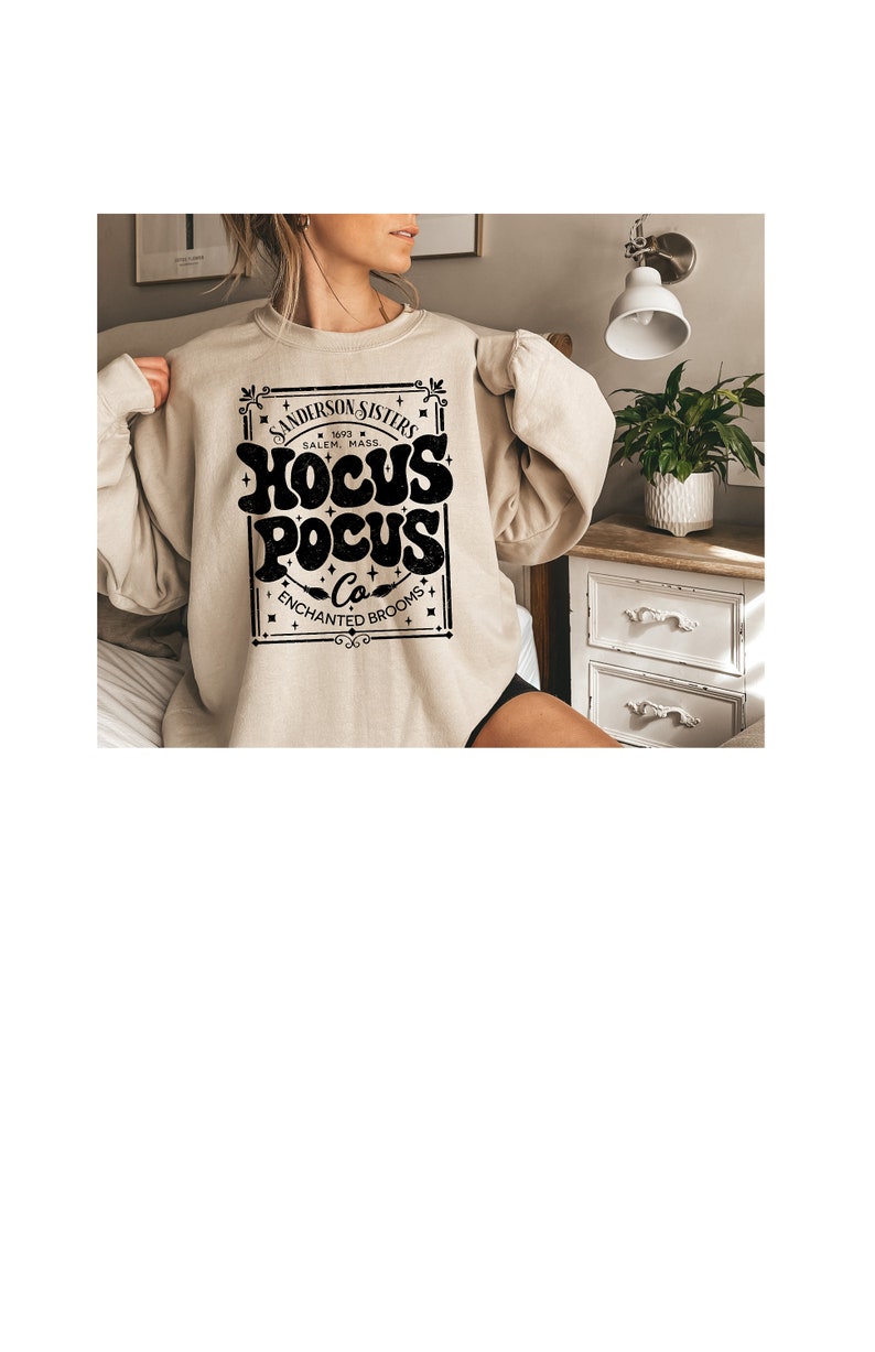 May include: A beige sweatshirt with a black graphic print that reads "Sanderson Sisters 1693 Salem, Mass Hocus Pocus Co. Enchanted Brooms".
