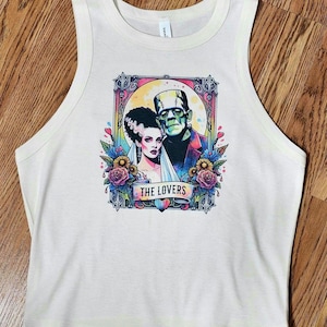 Bride of Frankenstein crop tank, Frankenstein baby tee, cute halloween crop top, Retro 90's, halloween shirt, monsters, crop top, baby tee