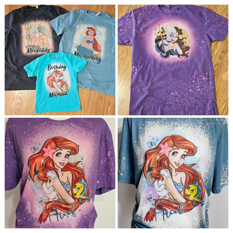 Puede incluir: Un conjunto de cinco camisetas con tem&aacute;tica de sirena. Las camisetas son de varios colores, incluyendo morado, azul y azul verdoso. Las camisetas presentan una sirena con una corona, una sirena con una concha y una sirena con un pez. Las camisetas tambi&eacute;n presentan el texto "Merdaddy", "Mermommy", "Birthday Mermaid" y "Ariel".