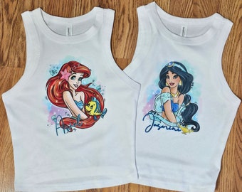 Princess shirt, Princess crop top, princess tshirt, custom princess tees, ariel, tiana, moana, elsa, anna, pocahontas, mulan, belle