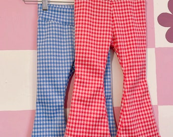 Colourful gingham flare leggings, Kids flared trouser bottoms, neutral fun and quirky children's legging