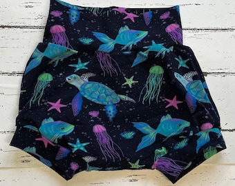 6-9 / 18-24 months / Neon Sealife Bummies, kids quirky sea creatures shorts, comfy trouser bottoms gifts, summer baby kids birthday gifts